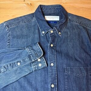 Peter Manning New York Mens Slim Fit Denim Button Down Shirt Blue Medium Wash